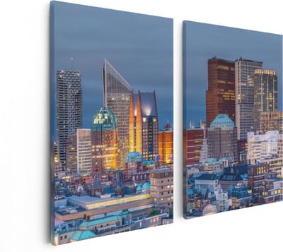 Artaza Canvas Schilderij Tweeluik Den Haag Skyline met Wolkenkrabbers - 80x60 - Foto Op Canvas - Canvas Print