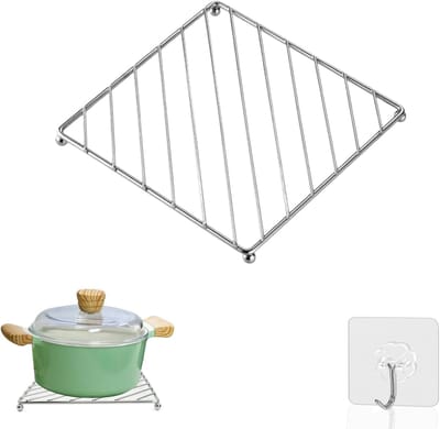 Roestvrijstalen pan en panbeschermer met haken, 18.5 x 18.5 x 1.5 cm, krasbestendige separator voor keukenorganisatie en bescherming van oppervlakken