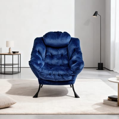 MODFU - Stoel met voetenbank - Met armleuningen en zijvak - Modern design - Comfortabel zitten - Woonkamer - Stof en metaal - Donkerblauw - 72×80×93 cm