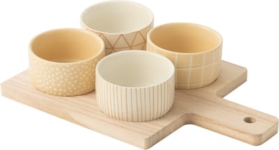 J-Line tapasplank 4 kommen + bambouschaal In Doos - keramiek/hout - wit/creme