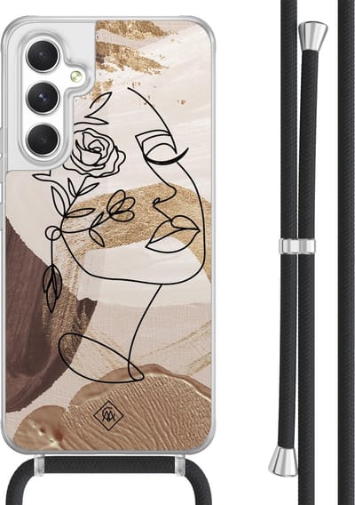 Casimoda® hoesje met koord - Geschikt voor Samsung A54 - Abstract Gezicht Bruin - Afneembaar koord - TPU/acryl - Bruin/beige