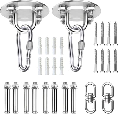 RVS 304 Plafondhaak Set - 2 Stuks - 400kg draagvermogen - Ophangsysteem voor Hangmat, Bokszak & Schommel - 360° Draaibaar - Bokszak Ophangsysteem - Ophanghaken - Zilver