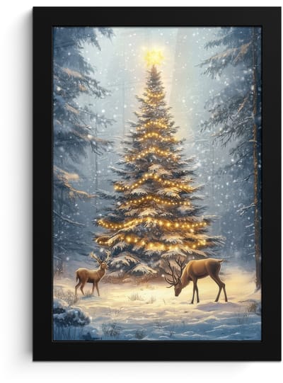 Poster in lijst - Fotolijst 20x30 cm - Posters - Kerstlicht - Woud - Hert - Donker - Posterlijst zwart - Decoratie - Wanddecoratie woonkamer - Muurdecoratie slaapkamer - Kerstversiering - Kerstdecoratie voor binnen - Kerstmis