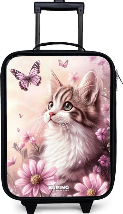 NoBoringSuitcases.com® - Kinderkoffer jongen - Kindertrolley meisje - Kat - Paars - Vlinders - Bloemen - Koffer kind lichtgewicht - Reiskoffer trolley voor kinderen - Koffertje met lichtgevende wieltjes - Rolkoffer zwart