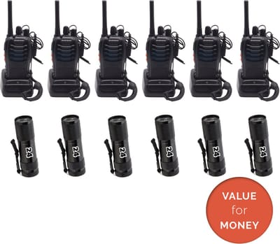 Activ24™ - Walkietalkie - Set van 6x Baofeng BF-88E PMR portofoons met headsets en 6x Activ24™ zaklampen - Vergunningsvrij - Walkie Talkie - BF88E portofoon