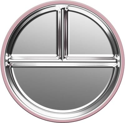 RVS Baby Bord - Roestvrijstalen Kinderbord met Siliconen Zuignap - Roze - Verdeelbord met 3 Vakjes - Antislip Bord voor Baby’s en Peuters - BPA-vrij - Vaatwasser- en Magnetronbestendig - 21x21 cm