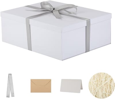 Witte geschenkdoos met deksel 17x13x6 inch inclusief versnipperd papiervulling en envelopkaart