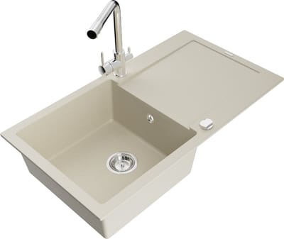 Mexen Leo granieten gootsteen 1-komers met afdruiprek en keukenkraan Duero, beige- 6501-69-671600-00