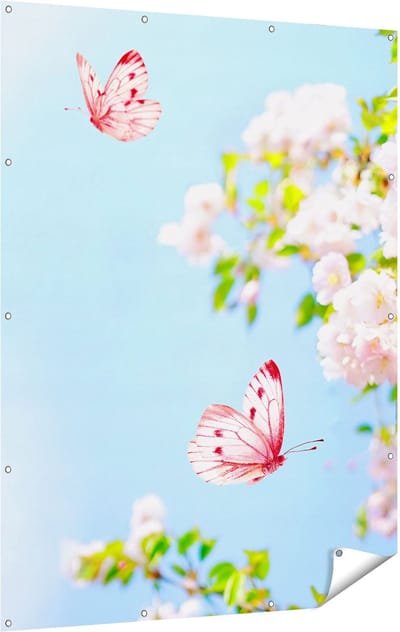 Gards Tuinposter Twee Roze Vlinders bij Roze Bloesem Bloemen - 120x160 cm - Tuindoek - Tuindecoratie - Wanddecoratie buiten - Tuinschilderij