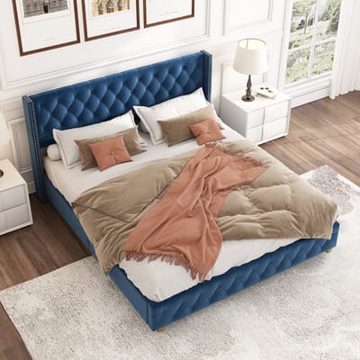 STILVORA Gestoffeerd Bed 160x200 cm – Tweepersoonsbed Met Knop-Gestoffeerd & Nieten Accenten – 12 Lattenroosters en Stevige Houten Poten – Fluweel – Zonder matras – Blauw