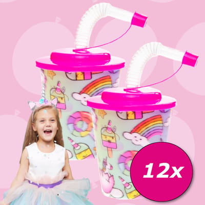 Tuf-Tuf Uitdeelcadeaus 12 STUKS Eenhoorn traktatie beker met deksel en rietje - Traktatie Uitdeelcadeautjes voor kinderen - Speelgoed Traktaties