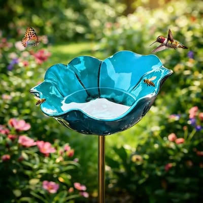 Vogelbad - Terras Vogelbad - Vogelbadjes - Metalen Vogelbadje - VogelbadjesBuiten - Insectenvoederhuisje - Waterschaal - Bijenbad voor in de tuin -Bloemenmotief - Decoratie voor terras en tuin - Afneembare stang -blauw-15CM