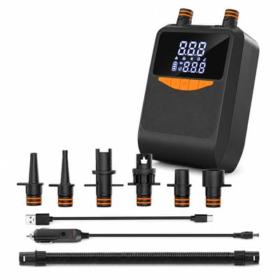 2-in-1 pomp voor opblazen en leeglaten (draadloos model) met LED, USB en 6 Adapters voor SUP, Luchtbedden en Tenten