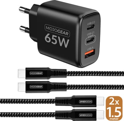 MOJOGEAR CHARGE+ 65W snelladen-set: Oplader met 2x USB-C naar USB-C kabel - 1,5 meter kabel - 2 usb-c-poorten & 1 usb-poort - Oplader voor o.a. laptop, smartphone, tablet - Zwart