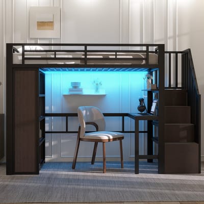 VVBV Hoogslaper 90x200 cm - Opbergruimte, LED-Verlichting, Bureau, Planken, Trap/Ladder - Metaal Zwart - Zonder Matras