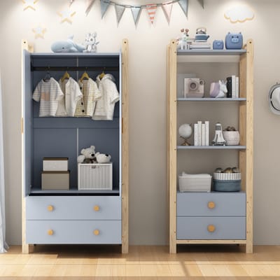 Dubbeldeurs kapstok - gecombineerde kapstokset - kinderkamer set - gecombineerd meubilair - met kledingstang en lade - blauw en houtkleur