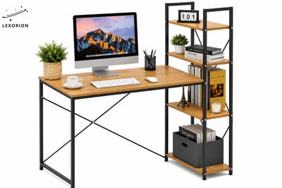 Lexorion UrbanRack - Industrieel Computerbureau - 120x60 cm - Houtlook Werkblad - Met Opbergrek