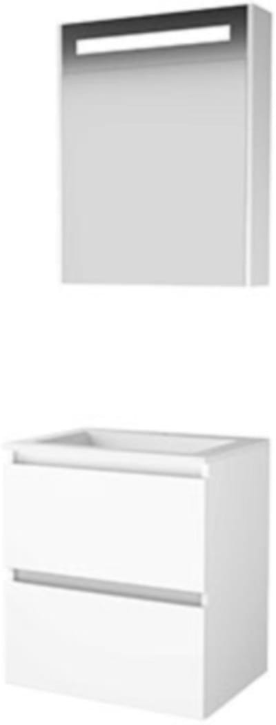 Basic-Line Premium 46 Badkamermeubelset - 60 x 46 cm - Greeploos - 2 Lades - Acryl Wastafel - 1 Kraangat - Spiegelkast met LED Verlichting - Ice White