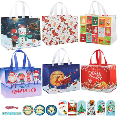 Herbruikbare kersttassen set van 12, inclusief grote en extra grote waterdichte geschenktassen met handvatten voor feestelijke decoratie en traktaties