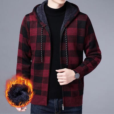 Winter Verdikte Wollen Jas Jongens Vest met Zak Ruitjes Capuchon Lange Mouw Gebreid 3XL black