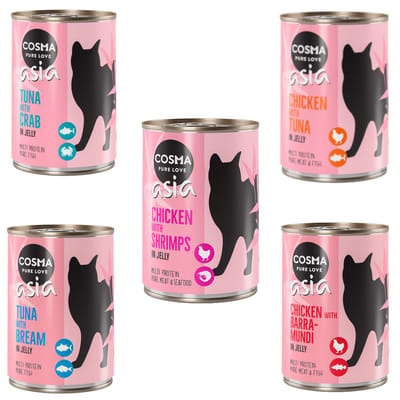 12x400g Mix 2 (5 Smaken) in Gelei Cosma Asia Kattenvoer nat