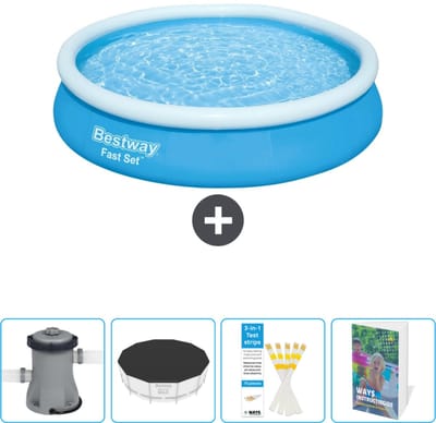 Bestway Rond Opblaasbaar Fast Set Zwembad - 366 x 76 cm - Blauw - Inclusief Pomp Afdekzeil - Testrips - Zwembadgids