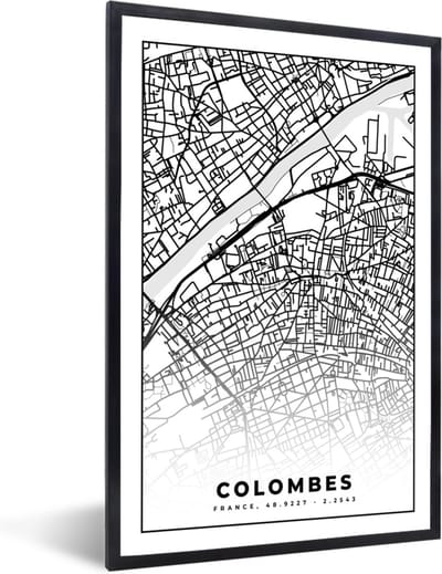 Fotolijst incl. Poster Zwart Wit- Stadskaart - Colombes - Plattegrond - Kaart - Frankrijk - Zwart wit - 40x60 cm - Posterlijst