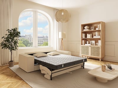 Dunlopillo Express-driezitsslaapbank van beige ribfluweel AMELIA - Bed 140 cm - Matras 14 cm met vormgeheugen L 214 cm x H 80 cm x D 105 cm
