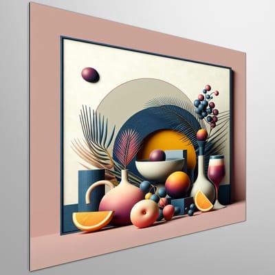 Abstract stilleven schilderij | Fantastische compositie van vormen en kleuren in verstilde scène | Kunst - 60x60 centimeter op Dibond | Foto op Dibond