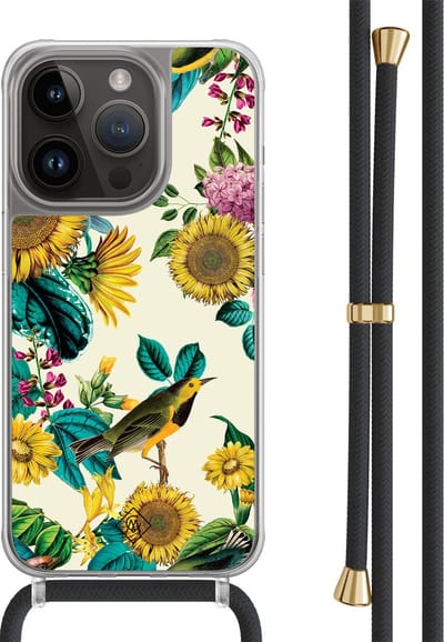 Casimoda® hoesje met zwart koord - Geschikt voor iPhone 13 Pro - Zonnebloemen / Bloemen - Afneembaar koord - TPU/polycarbonaat - Geel