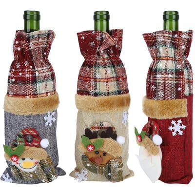 3 Stuks Ruitpatroon Linnen Wijnfleshoes Rode Wijn Champagne Fleszak Kerstversiering beige