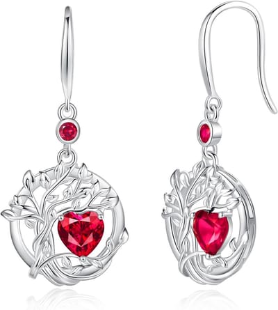 FANCIME Tree of Life Pendant Earrings Sterling Silver 925 Hanging Ornate Round Gemstone Birthstone Dangling Earrings Fine Jewelry Birthday Gift for Women