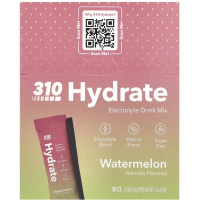 310 Nutrition, 310 Hydrate, Mélange pour boisson électrolytique, Saveur pastèque, 30 sticks, 0,18 oz (5 grammes) Chaque