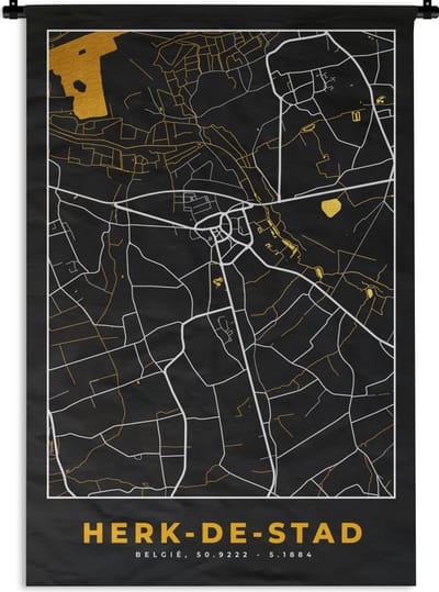 Wandkleed - Wanddoek - Herk-de-Stad - Plattegrond - Kaart - Goud - Stadskaart - 120x180 cm - Wandtapijt