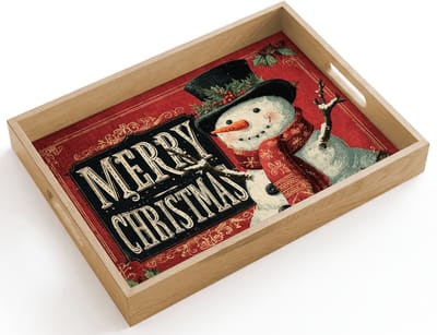 Dienblad hout 40x30 cm - Schootdienblad - Klassiek - Kerstgroet - Sneeuwpop - Rood - Borrelplank rechthoek - Plateau dienbladen