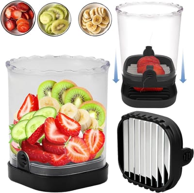 Fruit- & Groentesnijder – Multifunctionele Slicer voor Aardbeien, Bananen, Druiven & Eieren – Keukenhulp met Drukplaat – Afneembaar