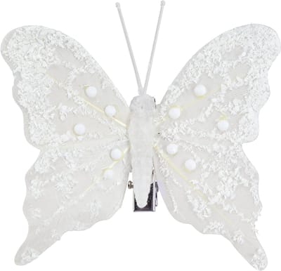 Vlinderdecoratie in wit op clip 7,5cmx7cm 4 stuks
