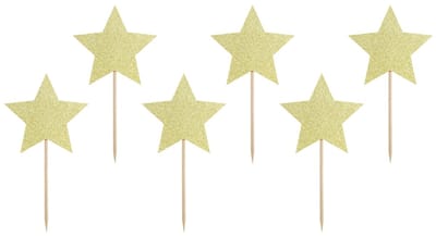 PARTYDECO - 6 kartonnen taarttoppers gouden glittersterren 11,5 cm voor taarten