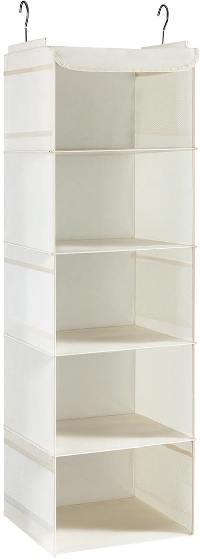 Hangende Garderobe Organizer met 5 Planken en 6 Zijvakken – Ruimtebesparende Kledingopslag voor Kast – Beige 30x30x108 cm