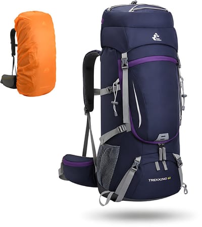CarryQuest® 60L Wandelrugzak - Waterdichte Hiking Backpack met Regenhoes, Schoenenvak, Rugventilatie & Toploader - Paars