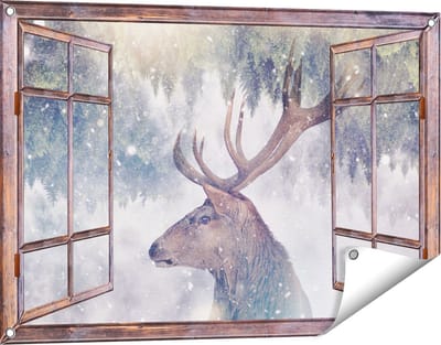Gards Tuinposter Doorkijk Hertenkop - Hert op een Bomen Achtergrond - 90x60 cm - Tuindoek - Tuindecoratie - Wanddecoratie buiten - Tuinschilderij
