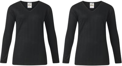 Lunatex - 2 dames thermo T-shirts - lange mouw - 50% polyester en 50% modal - zwart - maat S