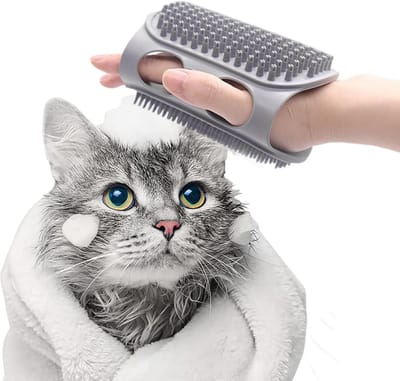 Famanu – Hondenborstel met zachte siliconen borstel en verstelbare handgreep, eenvoudig te reinigen, siliconen badborstel voor katten en honden, 29,6 cm