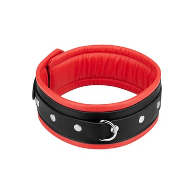 Rimba - Brede En Gevoerde Leren collar Met D-ring Zwart/Rood