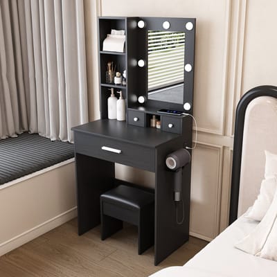 PHOEBE CAT Kaptafel-set - Met beklede kruk - Inclusief LED-spiegel - Stopcontact - Lade - Zwart
