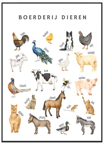 No Filter Educatieve poster - boerderijdieren poster - 21x30 cm - A4 formaat- Kinderkamer posters - dierenposter