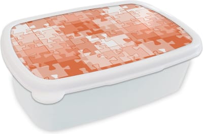Broodtrommel Wit - Lunchbox - Brooddoos - Puzzel - Oranje - Patronen - 18x12x6 cm - Volwassenen