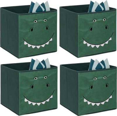 Atmosphera Opbergmand/kastmand dino - 4x - voor kinderen - karton/kunststof - groen - 30 x 30 cm