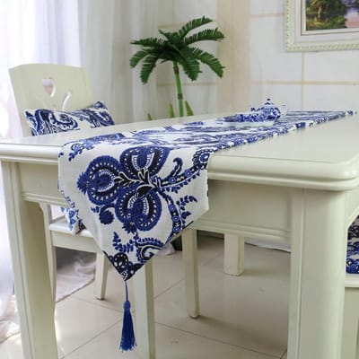 Tafelloper Linnen - Eettafeldecoratie - Feestelijke Tafel - Bloemenpatroon - 32x200cm - Blauw Wit
