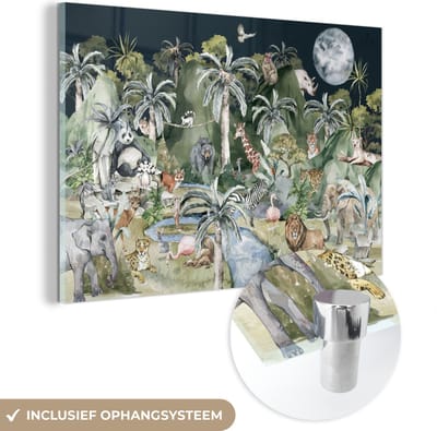 MuchoWow® Glasschilderij 60x40 cm - Schilderij acrylglas - Kinderen - Jungle - Natuur - Dieren - Planten - Foto op glas - Schilderijen